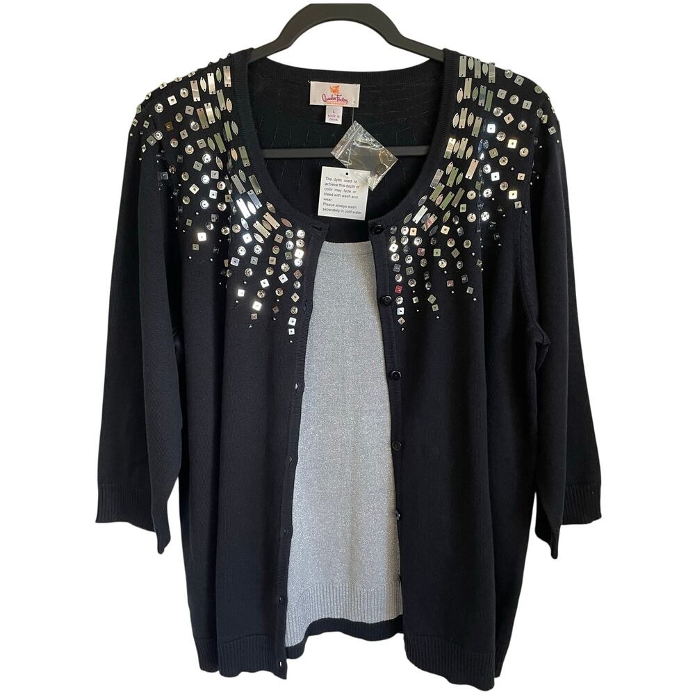 Quacker Factory Sweater Cardigan Faux Metallic Tank Black Sequins Layered NWOT